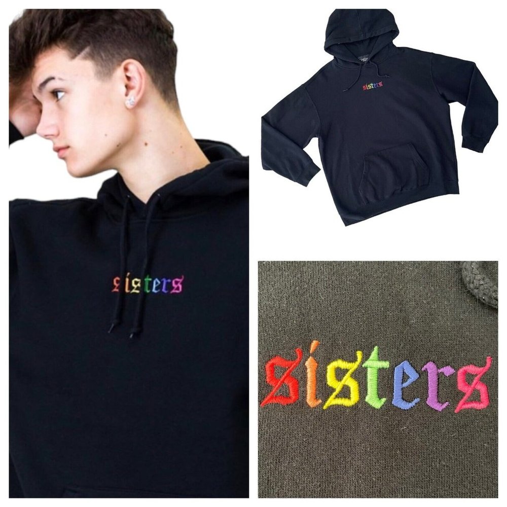 Sisters Black Kangaroo Pocket Hooded Rainbow Embroidered Sweatshirt Size XS